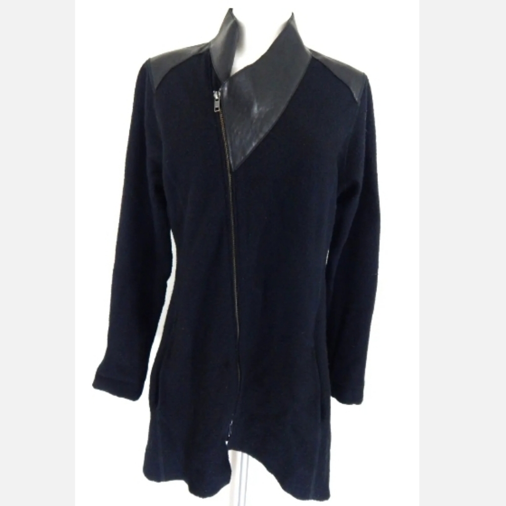 Eileen Fisher Felted Wool Asymmetrical Coat Leather Trim